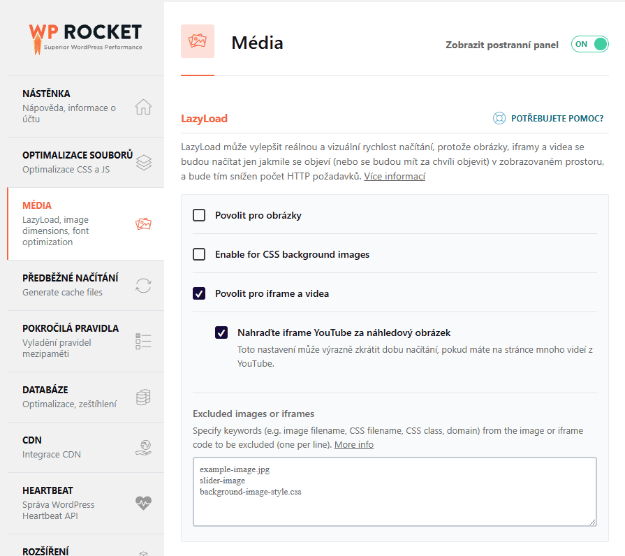 Nastavení Média ve WP Rocket Nastavení Média ve WP Rocket